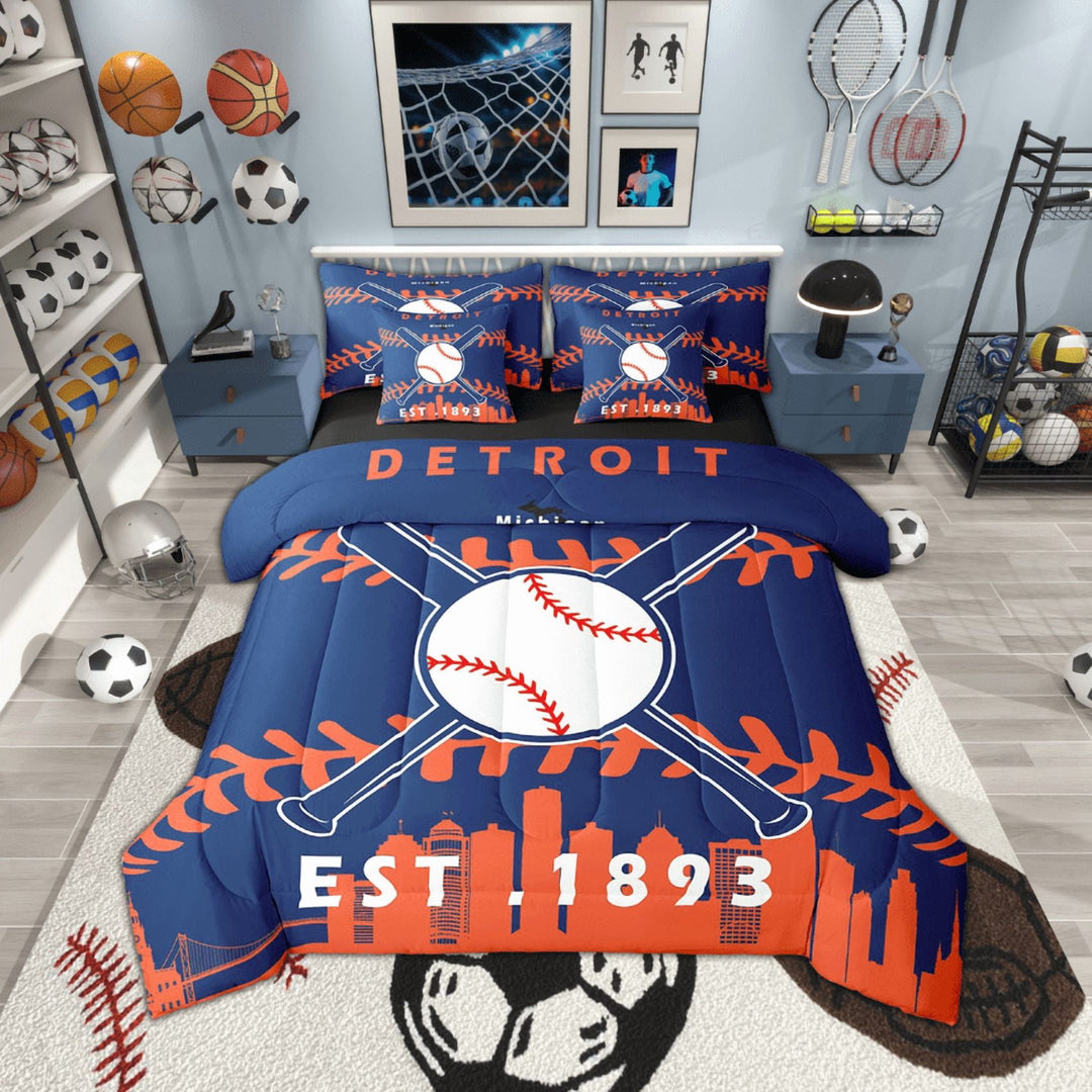 YST 7 Pcs Comforter Set Full Size,Baseball City Bed in a Bag with Flat Sheet and Fitted Sheet for Kids and Adults,Sports Bedding Set with Pillowcase and Sham(Detroit)