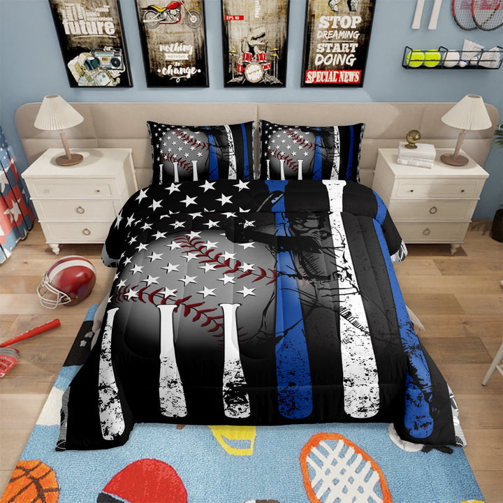 Baseball Bedding Set Twin,Grunge Style Baseball Bat Basketball Softball Comforter Set Bedroom Decor,American Flag Stars Quilted Duvet,Ball Sports Game Down Comforter Warm,White Blue