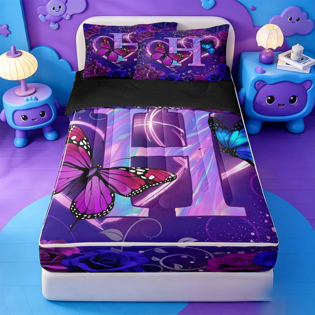 meiyoeat Girls Personalized Initial Zipper Twin Comforter Sets with Fitted Sheet and 2 Pillowcases,3D Cartoon Flower Butterfly Zipper Bedding Set For Girl,Black Reversible,4 Pieces