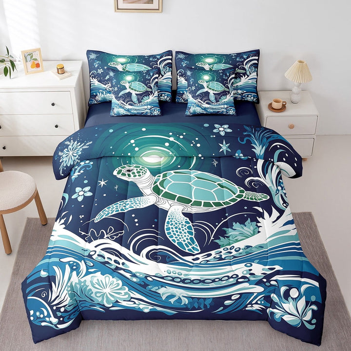 Queen Size Sea Turtle Comforter Sets 7-Piece,Tortoise Ocean Theme Bedding Set with Sheets Bed in a Bag,Underwater Animal Bed Sheets Set,Tribal Down Comforter with 2 Throw Pillow Covers