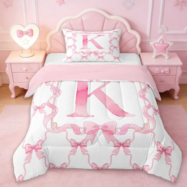 Erosebridal Princess Ribbon Bowknot Twin Comforter Sets,Cartoon First Letter K Bedding Set For Kids Girls,Reversible pink,2 Pieces