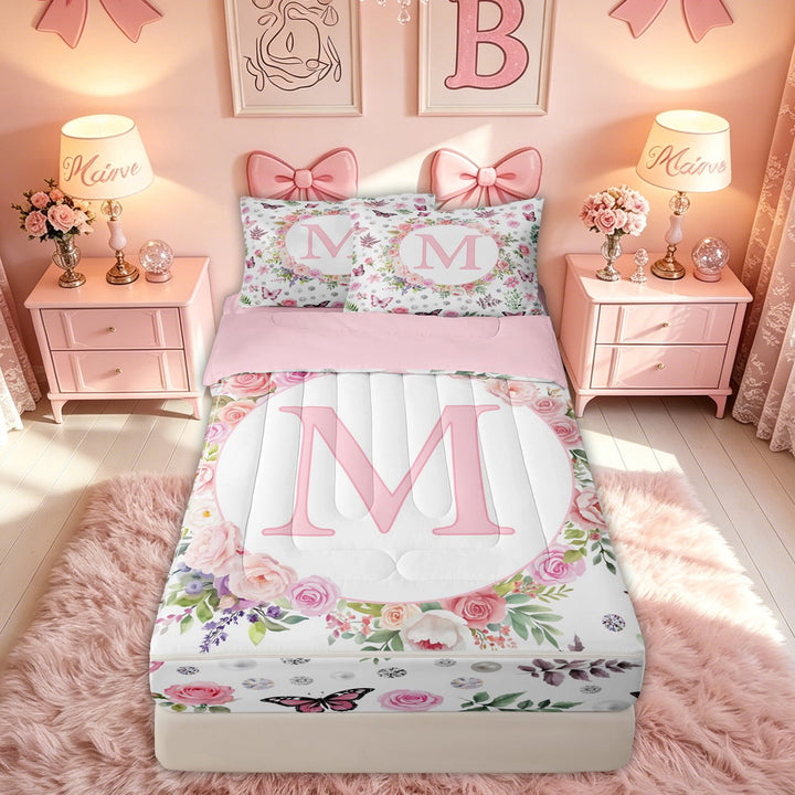 meiyoeat Pink Floral Butterfly Letter M Zipper Comforter Set with Fitted Sheet and 2 Pillowcases for Girls, Cute Monogram Zipper Bedding Set, Pink Reversible, 3 Pieces
