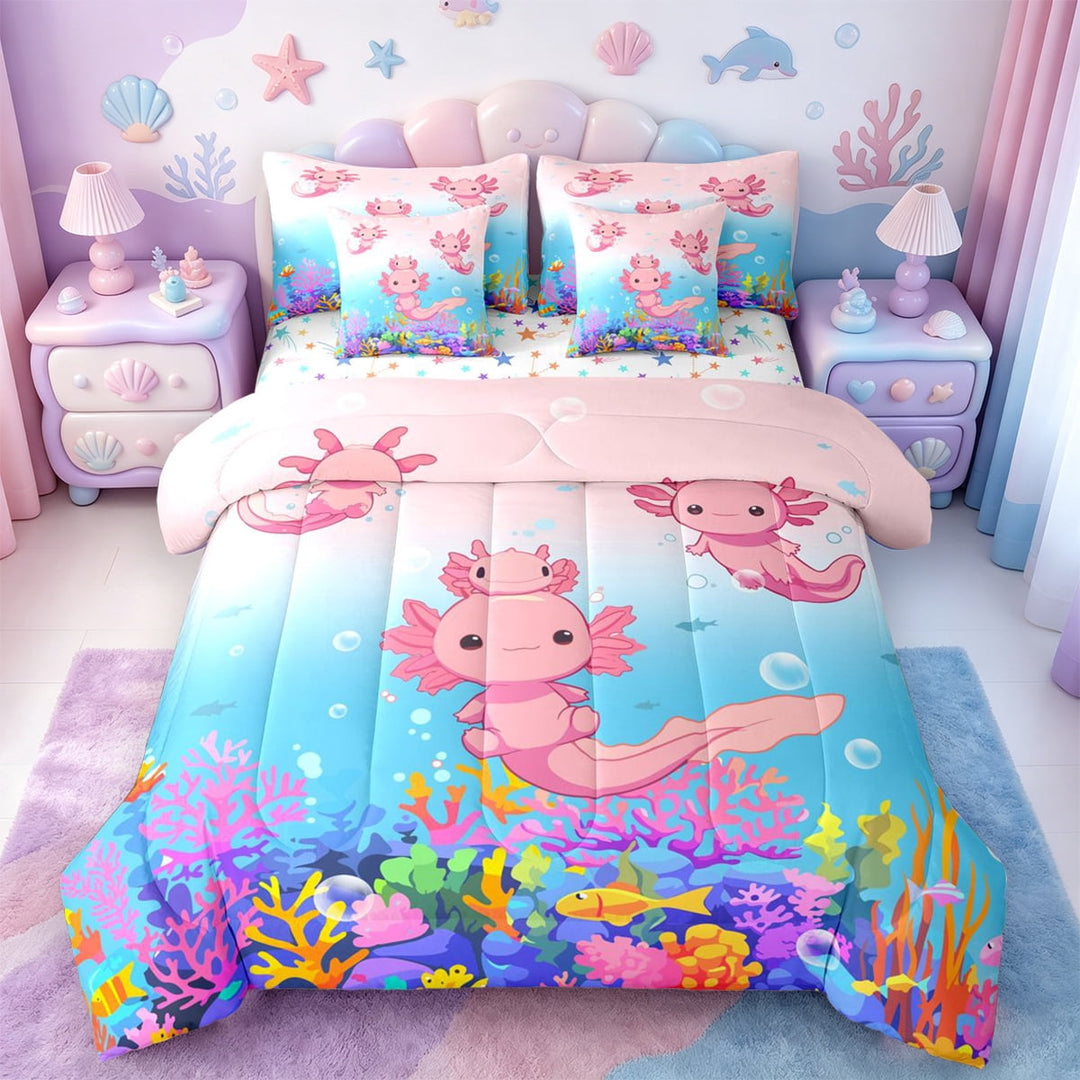 Manfei Boys Girls Cute Axolotl 7 Pieces Bedding Comforter Set,Ocean SealifeFull Bedding Set,Kids Cartoon Salamander Fitted Sheet Flat Sheet For Teens,Pink Blue Super Cozy Room Decor Reversible