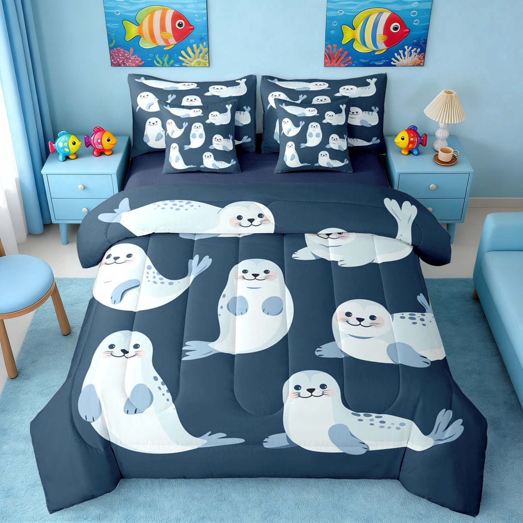 Manfei Cute Cartoon Seal Bedding Comforter Set for Kids Boys and Girls, Marine Animal Print Full Bedding Set, Navy Reversible 7pcs