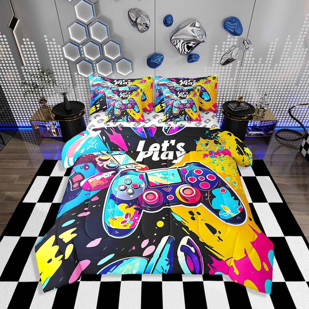 Erosebridal Gamer Comforter Set with Sheets Twin Size Gaming Bed in a Bag Set Teens Modern Game Console Controller 7 Pieces Bedding Set Joystick Room Decor Black Yellow