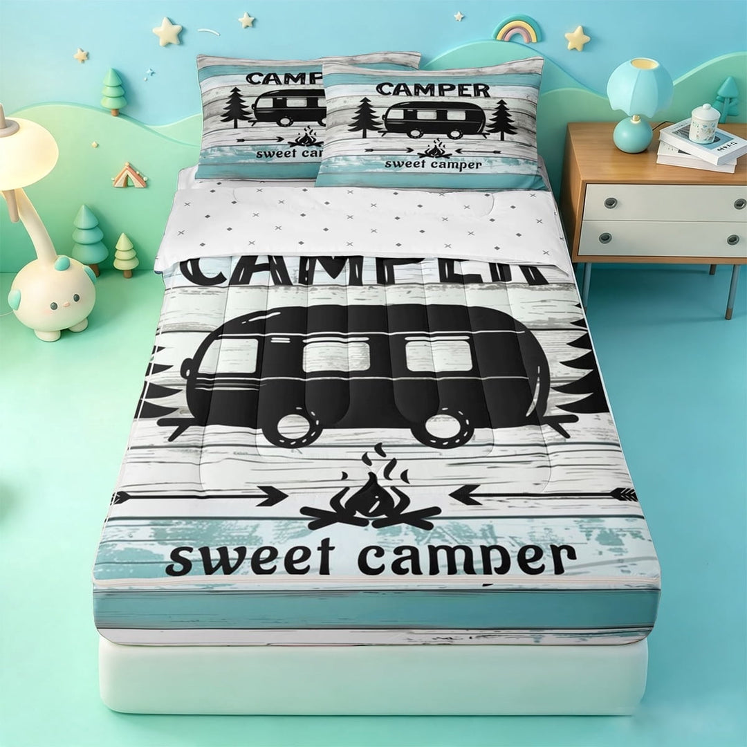 meiyoeat Adventure Happy Camping Zipper Full Size Comforter Sets with Fitted Sheet and 2 Pillowcases,Rustic Camper Zipper Bedding Set For Boys,Reversible,4pcs