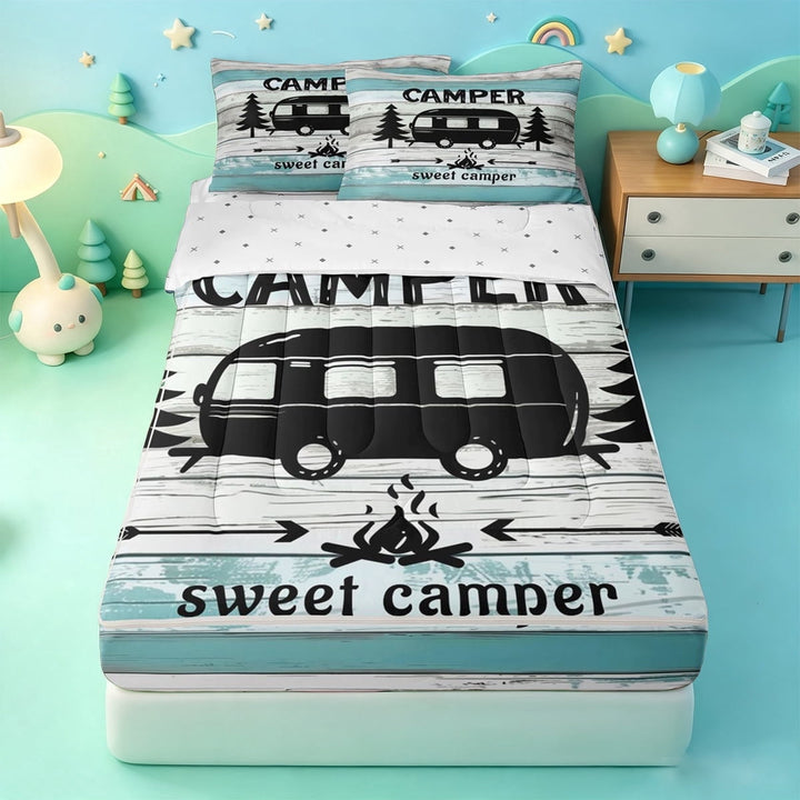 meiyoeat Adventure Happy Camping Zipper Full Size Comforter Sets with Fitted Sheet and 2 Pillowcases,Rustic Camper Zipper Bedding Set For Boys,Reversible,4pcs