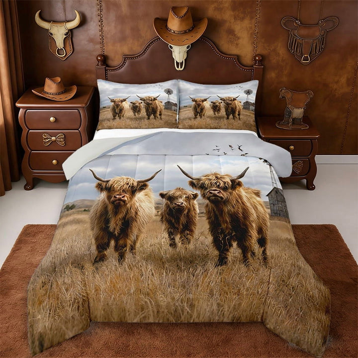 Erosebridal Farm Highland Cattle Full Size Comforter Sets,Bull Cattle Wildlife Farmhouse Cow Bedding Sets For Adults,Reversible Light Gray,3pcs