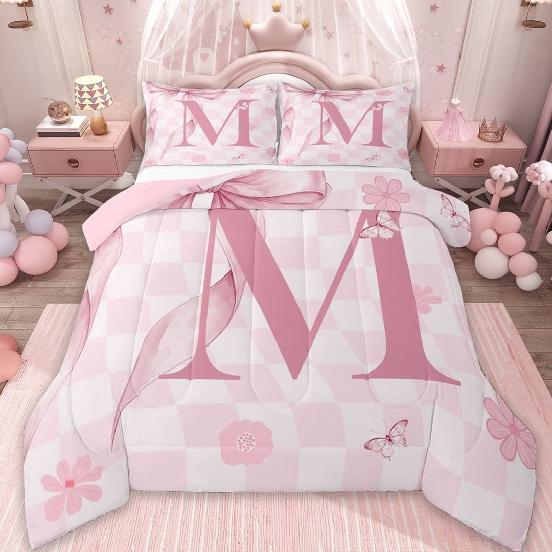 Erosebridal Pink Bowknot Kids Queen Comforter Set,Letter M Alphabet Bedding Comforter Set For Girl,Reversible pink,3-Piece