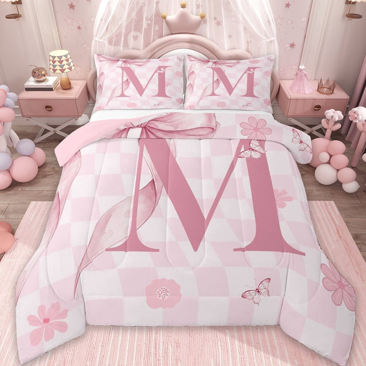 Erosebridal Pink Bowknot Kids Queen Comforter Set,Letter M Alphabet Bedding Comforter Set For Girl,Reversible pink,3-Piece