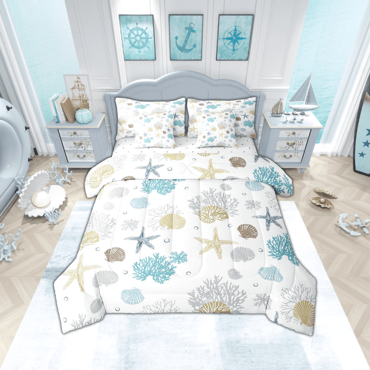 Ocean Bed in a Bag King Size Comforter Set 7 Pieces,Starfish Coral Nautical Coastal Bedding Set Nautical Marine Life Sheet Sets with Comforter Seashell Conch Bed Set,Hawaii Beach Decor