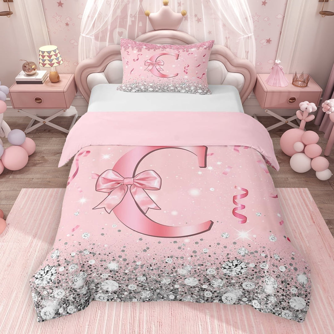 Erosebridal Dreamy Glitters Print Twin Bedding for Girls, Pink Bling C Letter Duvet Cover Set, Pink Reversible 2-Piece, 1 Duvet Cover and 1 Pillowcase (No Comforter)