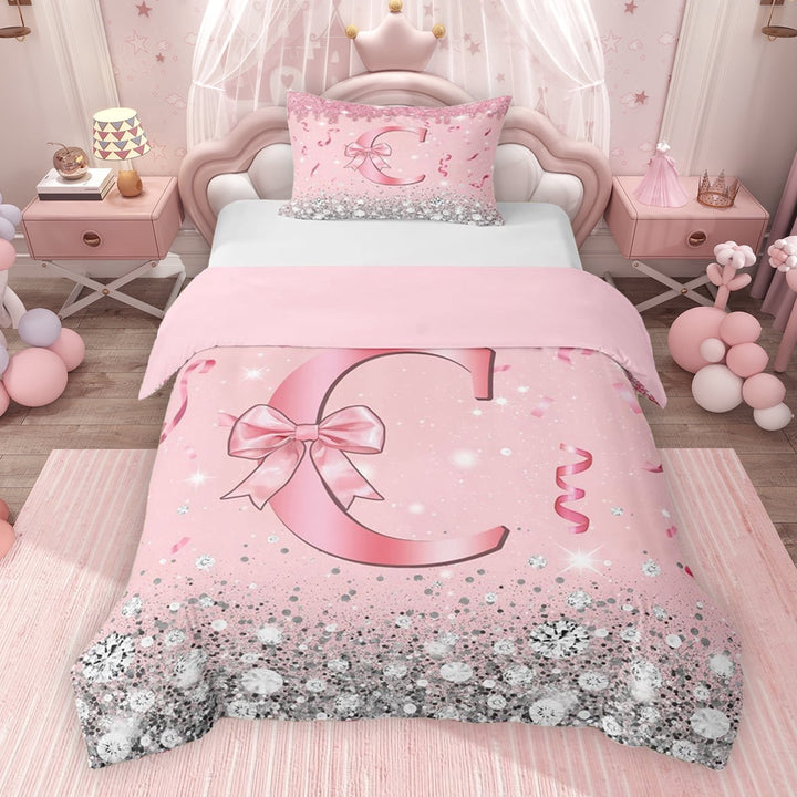 Erosebridal Dreamy Glitters Print Twin Bedding for Girls, Pink Bling C Letter Duvet Cover Set, Pink Reversible 2-Piece, 1 Duvet Cover and 1 Pillowcase (No Comforter)
