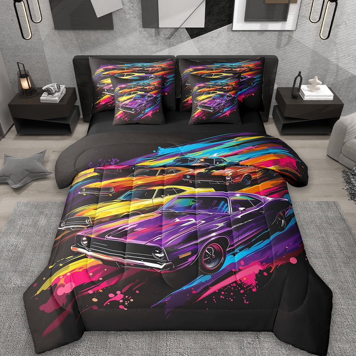 Erosebridal Colorful Racing Car Bedding Full Size,Graffiti Hippie Style Bed Set,Retro Race Car Bedding Sets Full Size,Microfiber Room Decor Reversible,7pcs