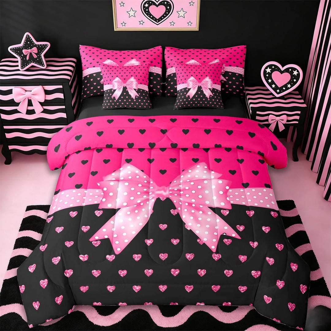 Erosebridal Pink Loves Pattern 7-Piece Twin Bedding Sets For Kids,Polka Dot Print Bows Girl Bedding Comforter Set,Reversible black