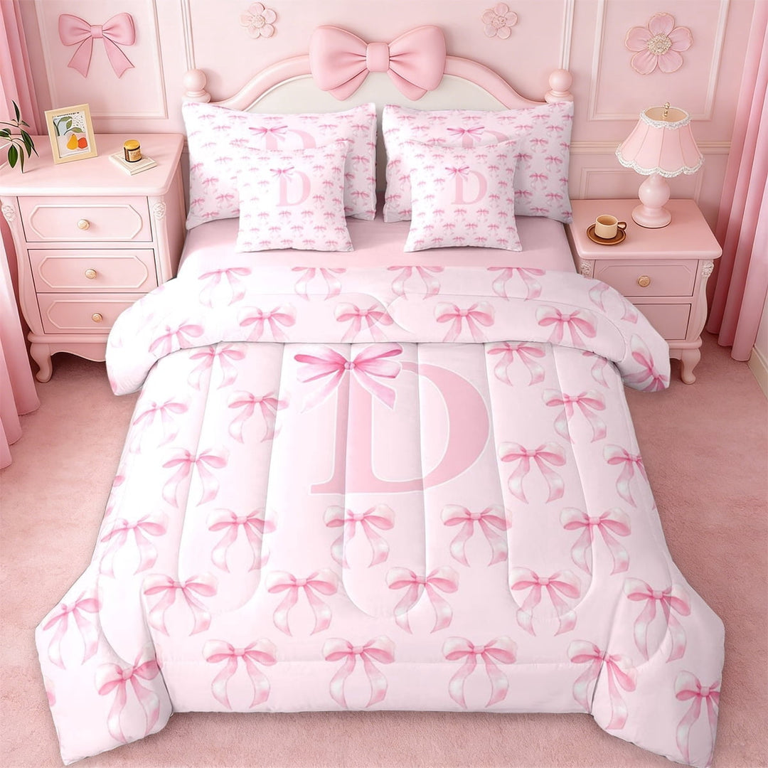 Erosebridal Pink Letter D Personalized Initial 7-Piece Twin Bedding Sets For Girls,Dreamy Princess Bow Tie Bedding Comforter Set,Pink Reversible