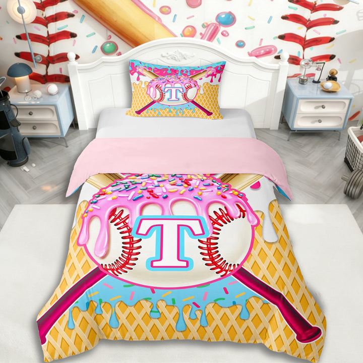 Erosebridal Ice Cream Drip Dessert Boy Twin Bedding,Teens Sport Baseball Letter Monogrammed T Duvet Cover Set,Pink Reversible,2pcs,No Comforter