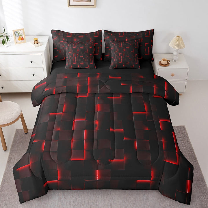 Erosebridal Futuristic Cubes Bedding Sets Twin Size,Plaid Buffalo Comforter Sets with Sheets,Geometric Grid Bed in a Bag Twin size,Microfiber Gradient Room Decoration,Reversible,7pcs