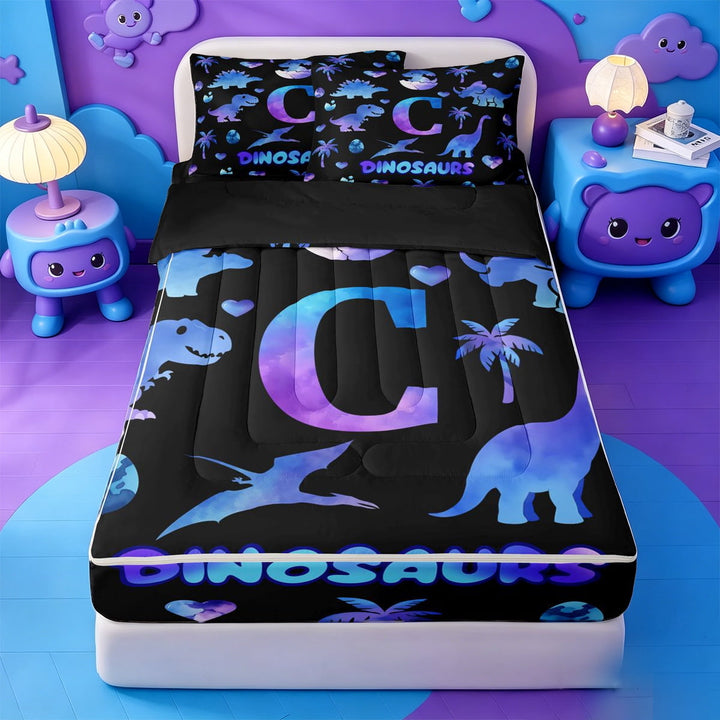 meiyoeat Dinosaur Themed Monogram C Zipper Full Size Comforter Sets with Fitted Sheet and 2 Pillowcases For Boys,Purple Ombre Initial Zipper Bedding Set,Black Reversible,4-Piece