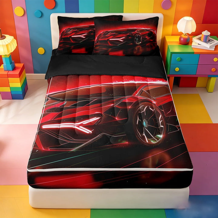 meiyoeat Red Sports Car Zipper Full Size Comforter Sets with Fitted Sheet and 2 Pillowcases For Kids,Classic High Speed Games Zipper Bedding Set For Boys,Black Reversible,4 Pieces
