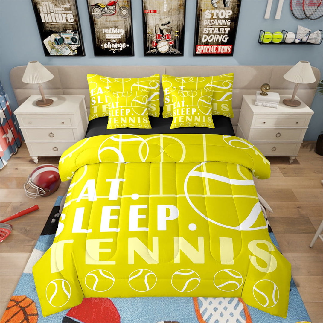 Tennis Bed in a Bag Twin Sport Game Ball Theme Comforter Set with Sheets Tennis Room Decor Bed Set Tennis Sports Bedding Sets Teen Sports Sheets 7 Pcs Golden Yellow