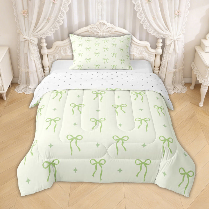Erosebridal Green Bow Star Twin Comforter Sets for Girls, Kawaii Bow-tie Bedding Set for Kids Teens, Reversible, 2-Piece
