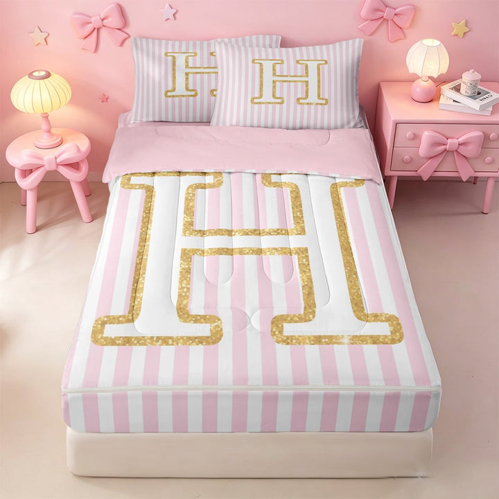 meiyoeat Abstract Geometric Line Design Zipper Twin Comforter Sets with Fitted Sheet and 2 Pillowcases For Girls,Chic Gold Initial Letter H Art Zipper Bedding Set For Kids,pink Reversible,4-Piece