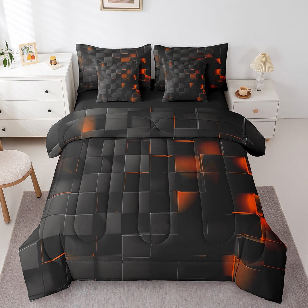 Geometry Bed in a Bag 7 Piece Queen Orange Square Pattern Bedding, Beehive Geometrical Comforter Set with Sheets Black Abstract Plaid Cushiom Covers Black Honeycomb Print Fitted Sheet