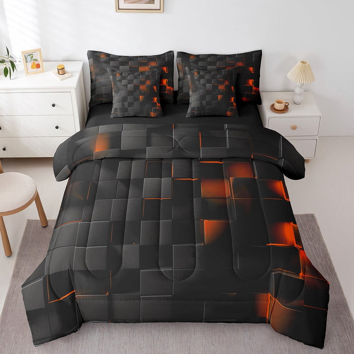 Geometry Bed in a Bag 7 Piece Queen Orange Square Pattern Bedding, Beehive Geometrical Comforter Set with Sheets Black Abstract Plaid Cushiom Covers Black Honeycomb Print Fitted Sheet
