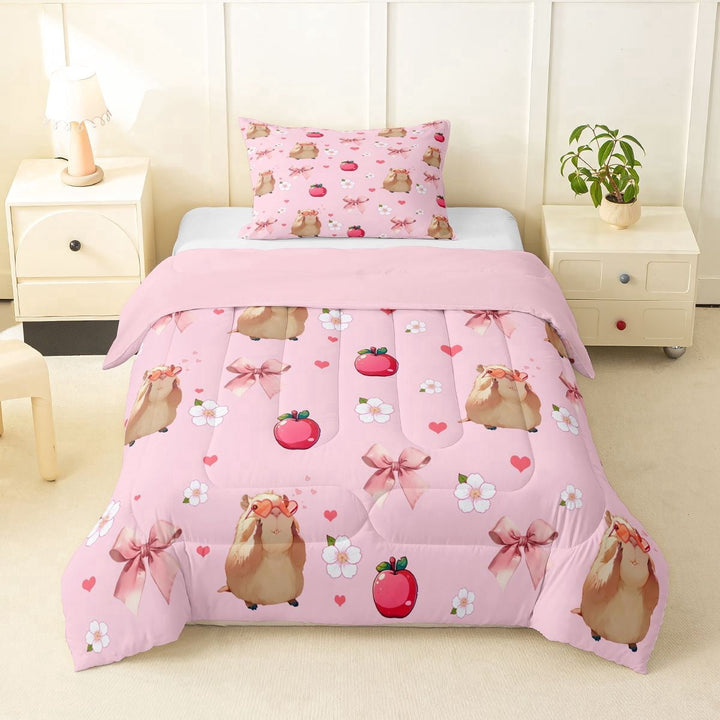 Erosebridal Cartoon Capybara Pink Bow Twin Comforter Sets 3-Piece For Kids,Floral Sakura Bedding Set For Boys Girls,Pink Reversible