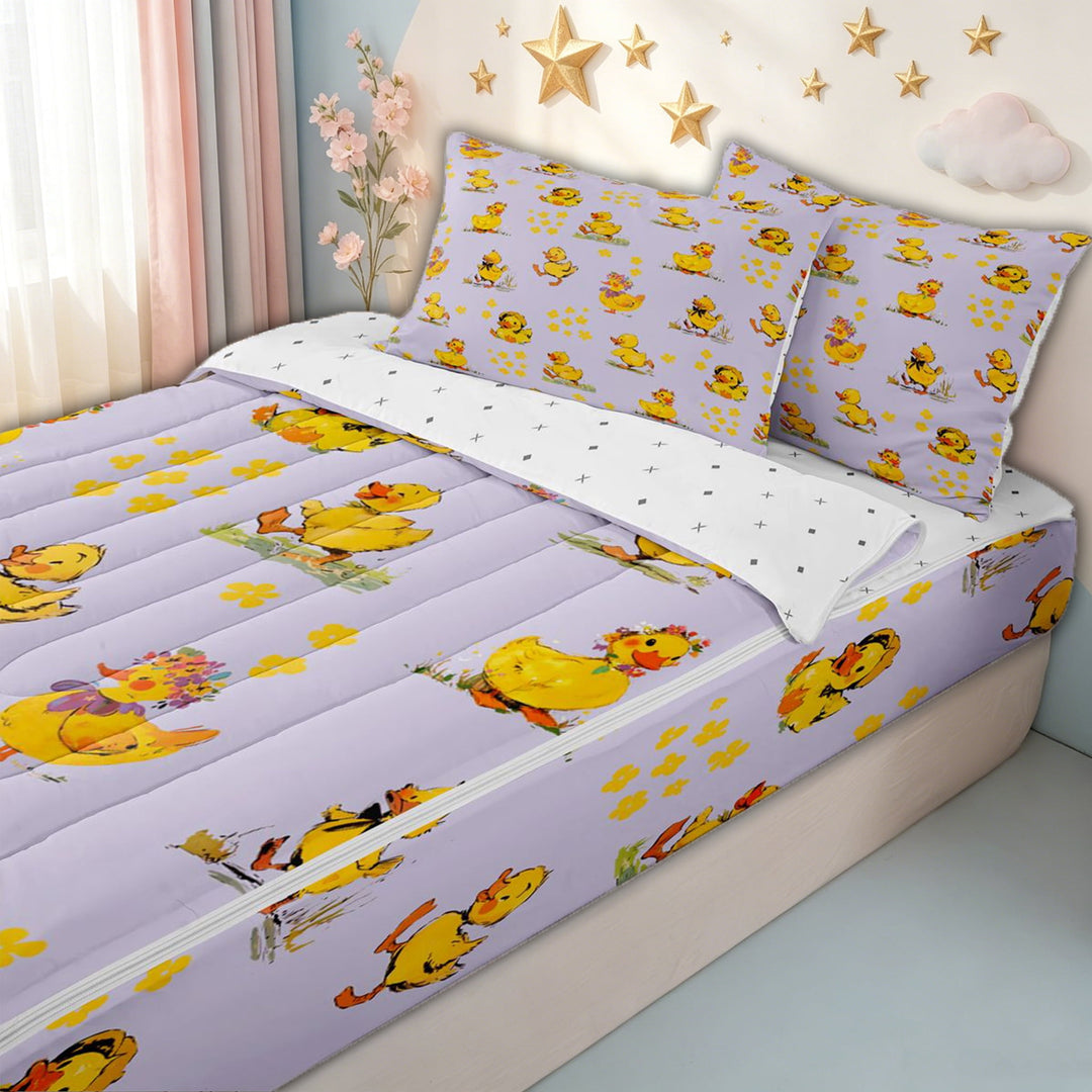 meiyoeat Adorable Duck Zipper Twin Comforter Sets with Fitted Sheet and 2 Pillowcases for Kids Girls, Watercolor Floral Zipper Bedding Set for Bedroom, Purple, ReversibleG