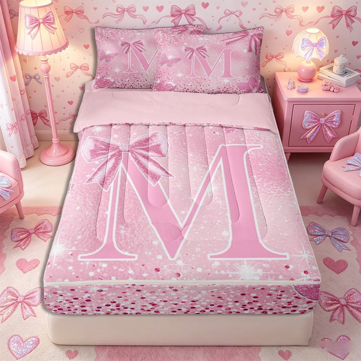 Meiyoeat Glitter Pink Letter M Zipper Twin Comforter Sets with Fitted Sheet and 2 Pillowcases, Sparkle Bow Print Zipper Bedding Set for Bedroom,4-Piece,Pink Reversible