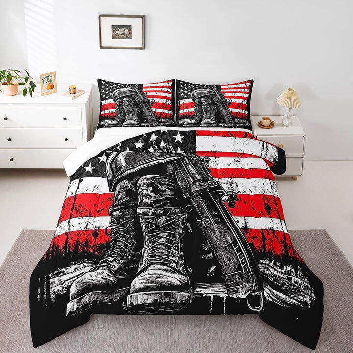 Erosebridal American Flag Comforter Set King Size Hunting Bedding Set Western Cowboy Comforter Red White Geometric Stripes Quilt Set
