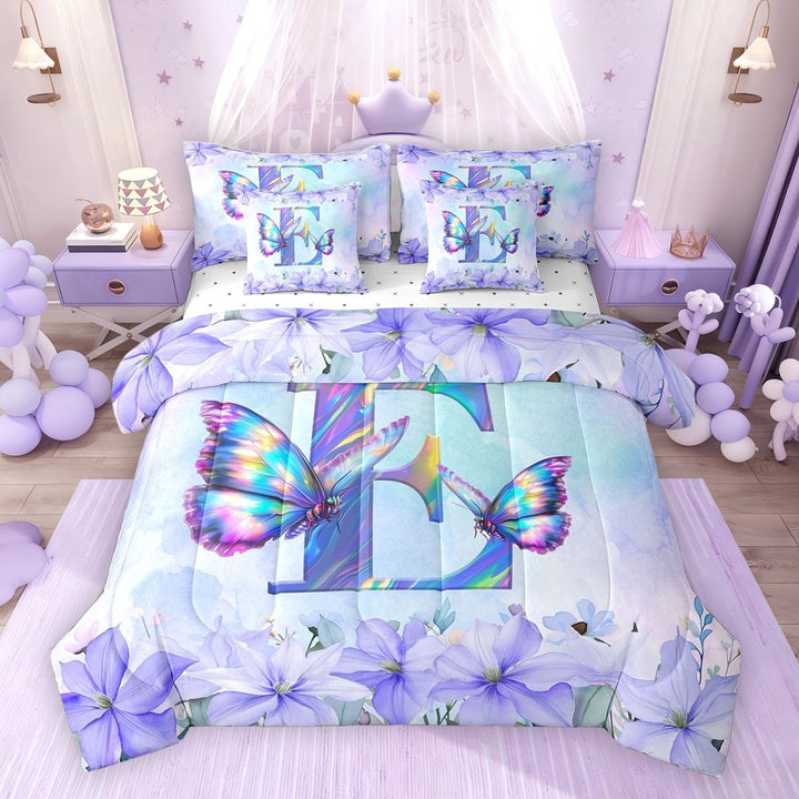 Erosebridal Purple Butterfly Twin Bedding Sets for Girls, Garden Flower Floral Bedding Comforter Set, Personalized E, Reversible, 7pcs