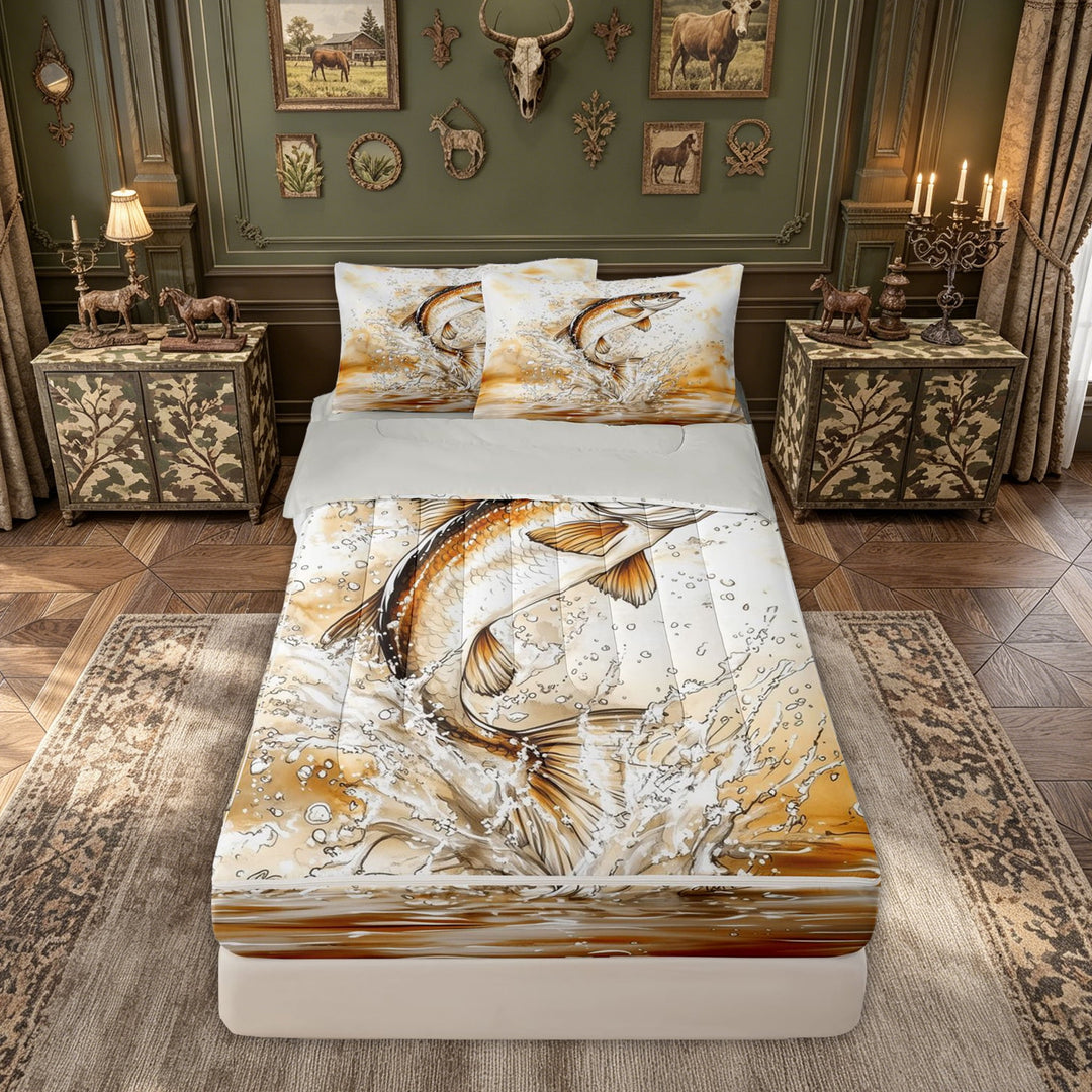 meiyoeat Ink Fishing Bass Zipper Comforter Set with Fitted Sheet and 2 Pillowcases for Men Boys, Rustic Lake Animal Zipper Bedding Set, Brown, Grey Reversible, 3 Pieces