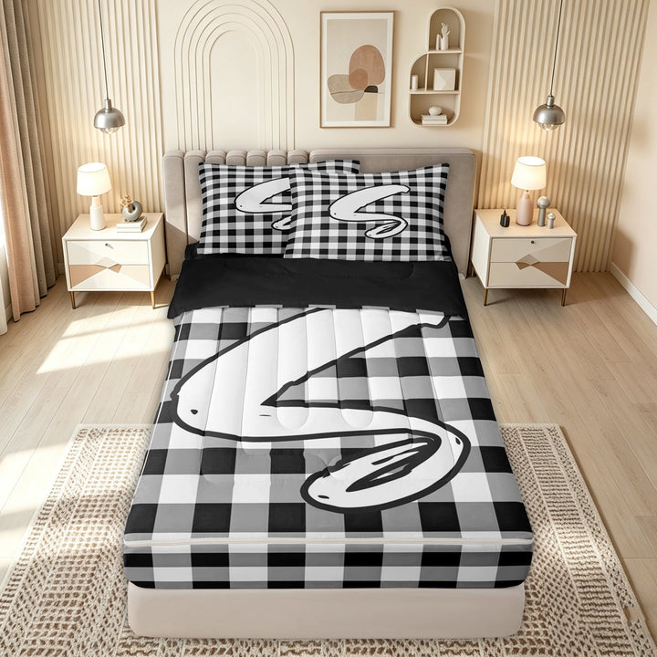 meiyoeat Graffiti Letter S Zipper Comforter Set with Fitted Sheet and 2 Pillowcases for Boys, Checkered Grid Zipper Bedding Set for Bedroom, Black White, Black Reversible, 3 Pieces