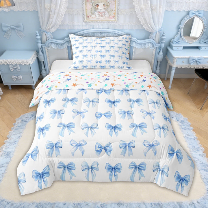 Erosebridal Light Blue Bow Twin Comforter Sets for Girls, Butterfly Knot Bedding Set for Kids, Colorful Stars Reversible, 2pcs