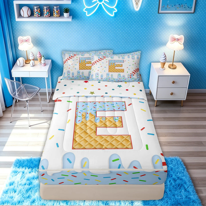 meiyoeat Colorful Donut E Letter Zipper Twin Comforter Sets with Fitted Sheet and 2 Pillowcases for Boys Girls, Blue Baseball Ice Cream Zipper Bedding Set, Polkadot Reversible, 4-Piece