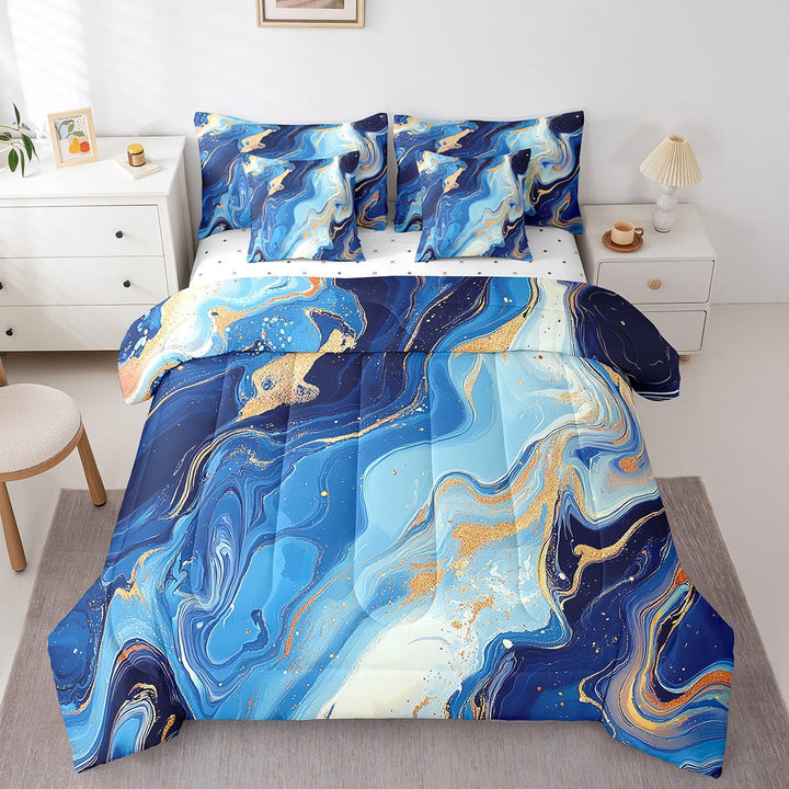 Blue Marble Comforter Stone Pattern Sheet Set Watercolour Artwork 7 Pieces Bedding Set Twin Size Marbling Texture Fluid Bronzing Bed Set