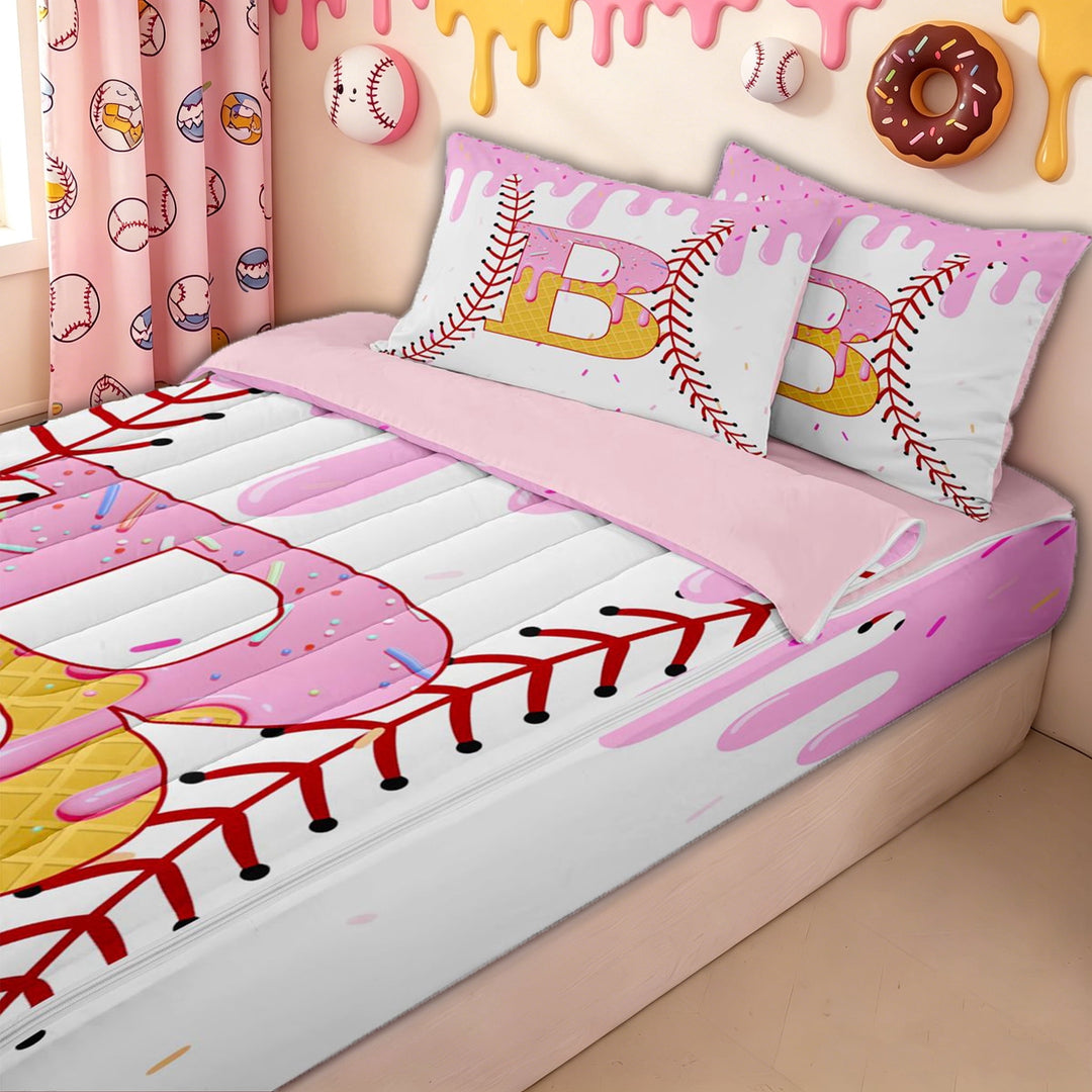 meiyoeat Ice Cream Baseball B Letter Zipper Twin Comforter Sets with Fitted Sheet and 2 Pillowcases for Kids, Waffle Candy Drip Zipper Bedding Set, Pink Reversible, 4pcs