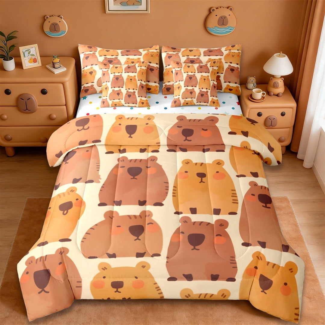 Erosebridal Cute Animal Capybara 7-Piece Twin Bedding Sets For Capybara Lover,Funny Rodent Animals Bedding Comforter Set For Girls Kids Reversible