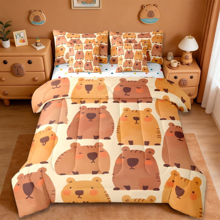 Erosebridal Cute Animal Capybara 7-Piece Twin Bedding Sets For Capybara Lover,Funny Rodent Animals Bedding Comforter Set For Girls Kids Reversible
