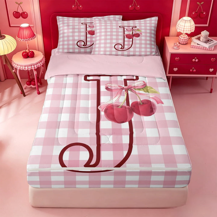 meiyoeat Ribbon Bow Monogram J Zipper Twin Comforter Sets with Fitted Sheet and 2 Pillowcases,Pink Cherry Initial Art Zipper Bedding Set For Girl,Pink Reversible,4 Pieces