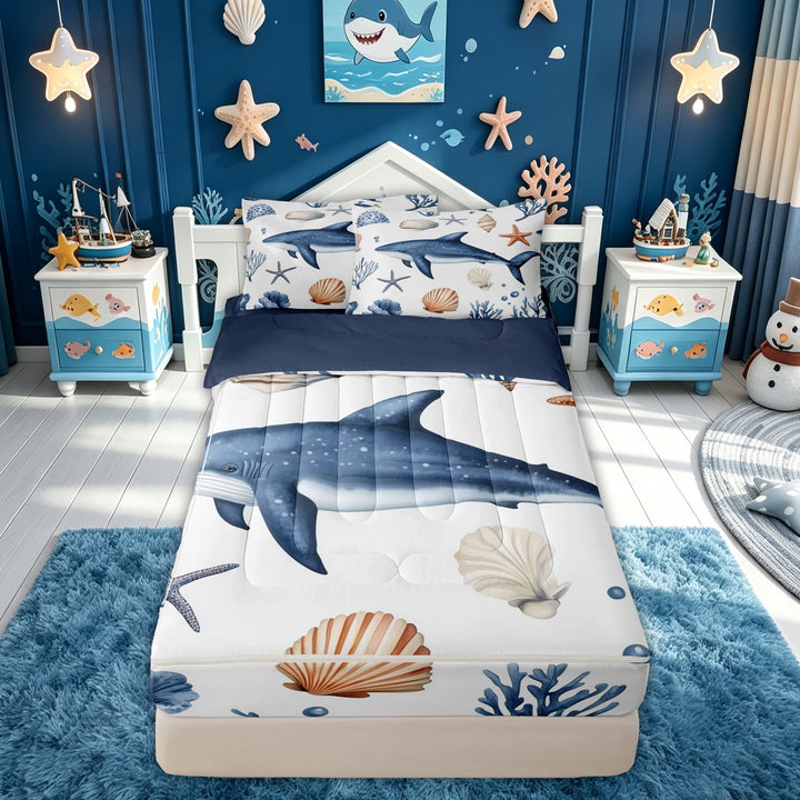 meiyoeat Coastal Shark Zipper Comforter Set with Fitted Sheet and 2 Pillowcases for Kids Boys Girls, Watercolor Beach Animal Zipper Bedding Set, White Blue, Blue Reversible, 3 Pieces