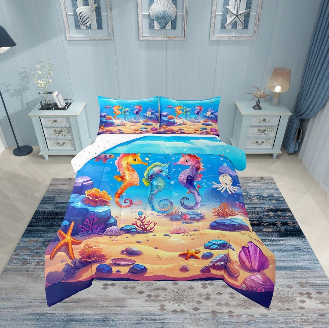 Erosebridal Marine Seahorse Bedding Twin Comforter Set,Ocean Animal Down Comforter,Teenager Bedroom Decor,Reversible,Lightweight,2-Piece