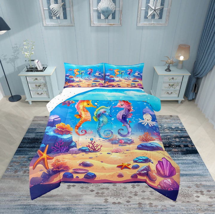 Erosebridal Marine Seahorse Bedding Twin Comforter Set,Ocean Animal Down Comforter,Teenager Bedroom Decor,Reversible,Lightweight,2-Piece