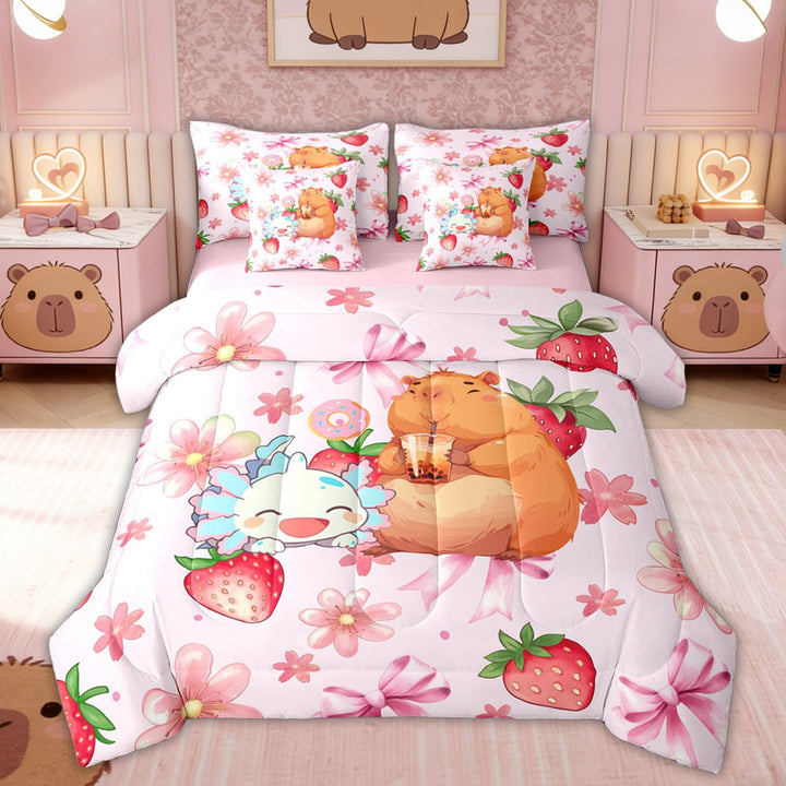 Erosebridal Capybara Axolotl Kid Twin Bedding Sets, Bow Flower Strawberry Bedding Comforter Set, Pink, 7 Pieces