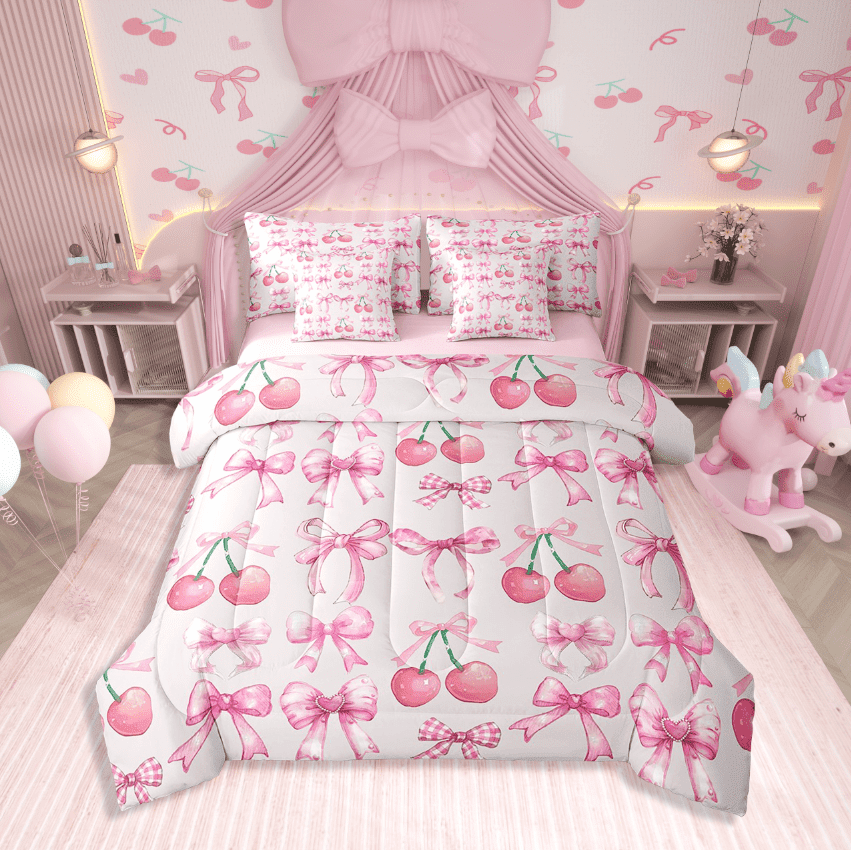 Erosebridal Pink Bowknot Bed in a Bag Full size,Kawaii Cherry Bed Set,Cartoon Room Decorative,Reversible,Breathable,7 Pieces