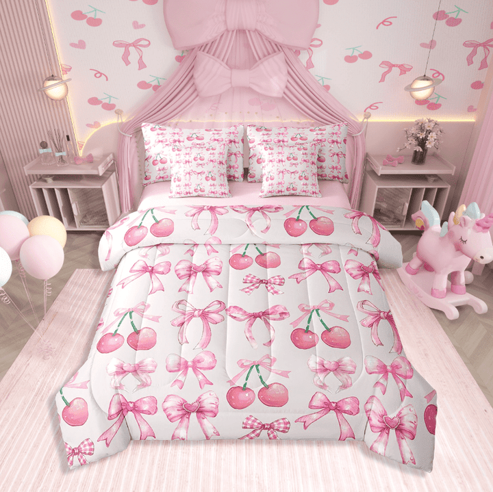 Erosebridal Pink Bowknot Bed in a Bag Full size,Kawaii Cherry Bed Set,Cartoon Room Decorative,Reversible,Breathable,7 Pieces