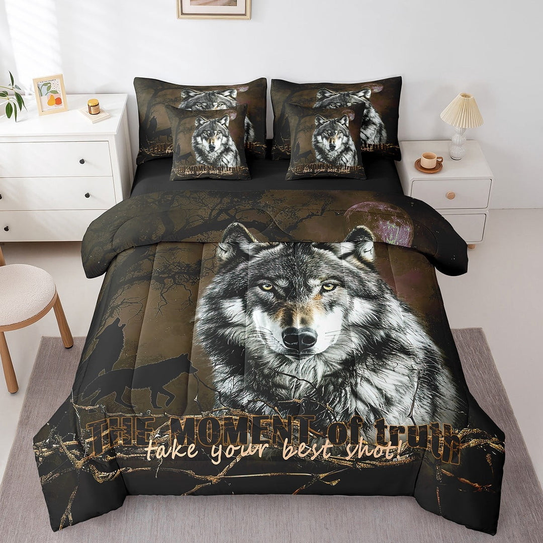Erosebrida 3D Wolf Comforter Night Galaxy Moon Wolf Bedding Set With Flat Sheet And Fitted Sheet,Wild Animal Wolf Themed Comforter Set And 2 Pillowcases Adults,Full 7 Pieces